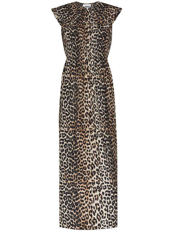Ganni Leopard-print Cotton And Silk Midi Dress In Brown | ModeSens
