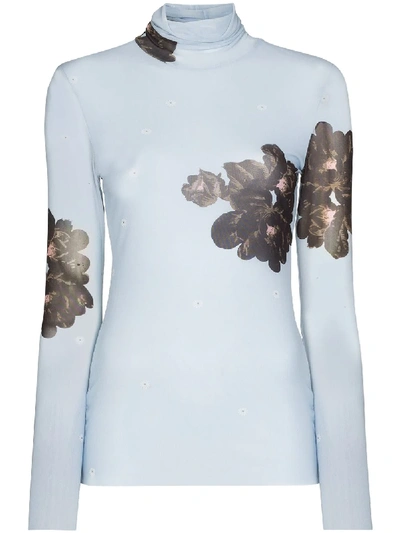 Shop Ganni Floral-print Mesh Top In Blue