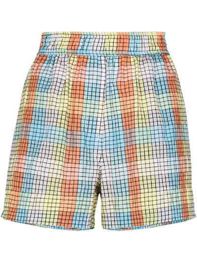 Shop Ganni Check-print Seersucker Shorts In Blue