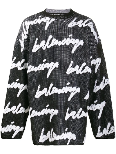 Shop Balenciaga 3d Scribble Logo Cotton Knit Jumper In Black