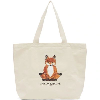 Shop Maison Kitsuné Maison Kitsune Off-white Yoga Lotus Fox Tote In Ec Ecru