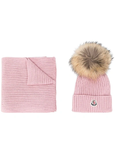 Shop Moncler Logo Scarf And Beanie Set In Pink