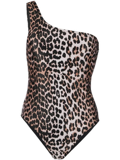 Shop Ganni Leopard Print One-shoulder Swimsuit In Neutrals