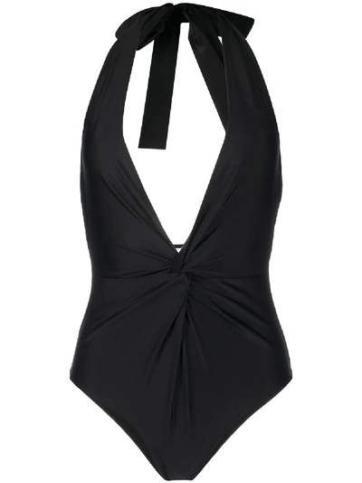 Shop Ganni Gathered Detail Swimsuit In Black