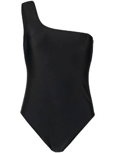 Shop Ganni One-shoulder Swimsuit In Black
