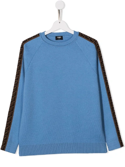 Shop Fendi Teen Zucca-panel Knitted Jumper In Blue