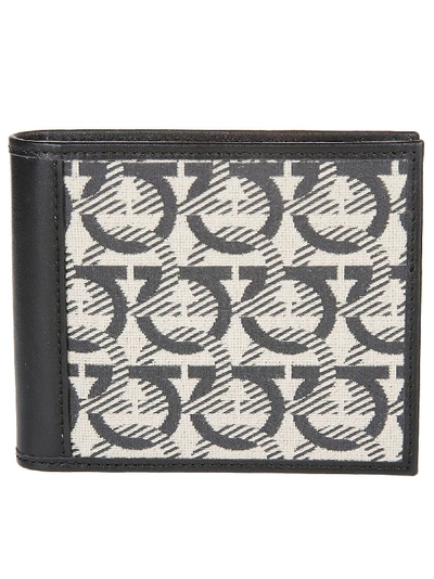 Shop Ferragamo Black Leather And Beige Cotton Gancini Wallet In Beige-black