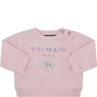 Shop Balmain Pink Sweatshirt With Double Logo For Babygirl