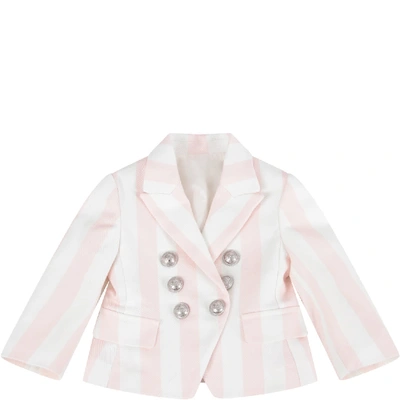 Shop Balmain Pink And White Jacket For Baby Girl