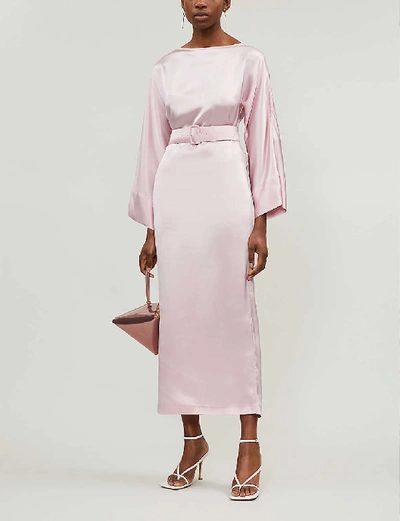 Shop Bernadette Jackie Belted Silk-satin Midi Dress In Pink