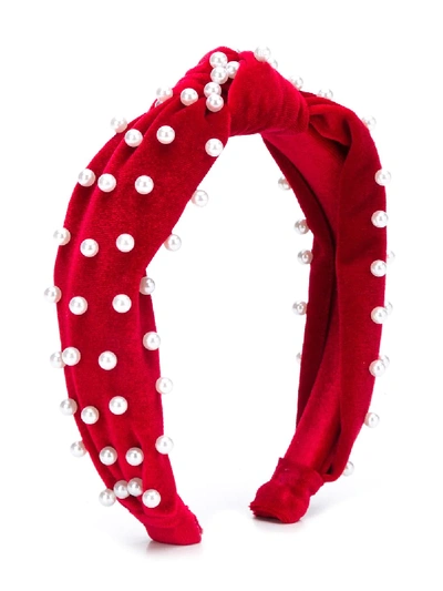 Shop Monnalisa Pearl-embellished Knotted Headband In Red