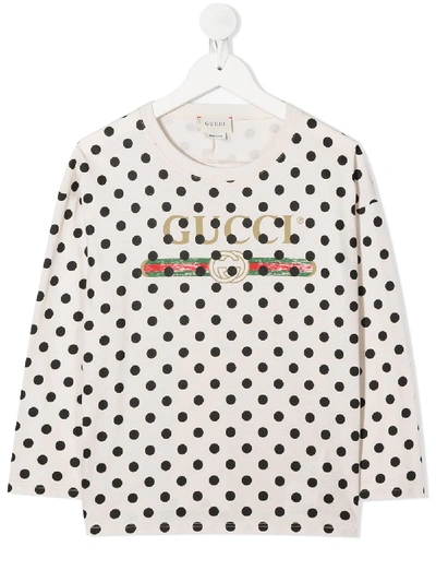 Shop Gucci Polka Dots Logo T-shirt In Neutrals