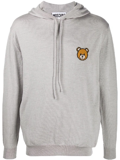 Shop Moschino Teddy Bear Motif Knitted Hoodie In Grey
