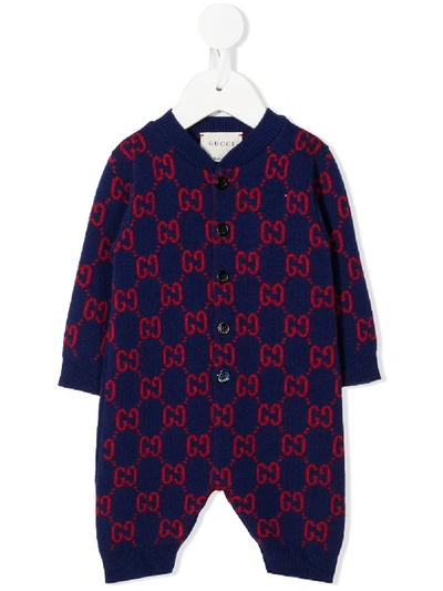 Shop Gucci Gg Jacquard Knitted Romper In Blue