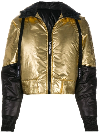 Shop Just Cavalli Contrast-panel Hooded Puffer Jacket In Gold