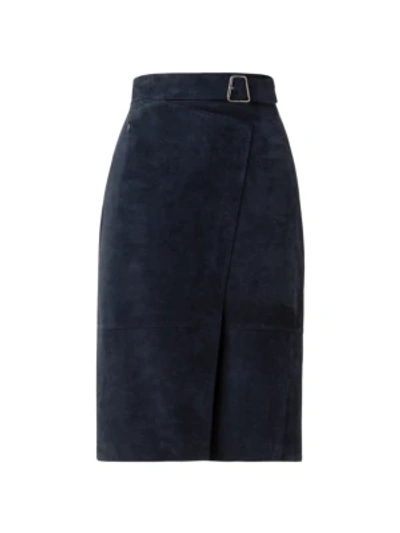 Shop Akris Belted Suede Wrap-effect Pencil Skirt In Navy