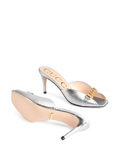 Shop Gucci Leather Chain Mule Sandals In Silver