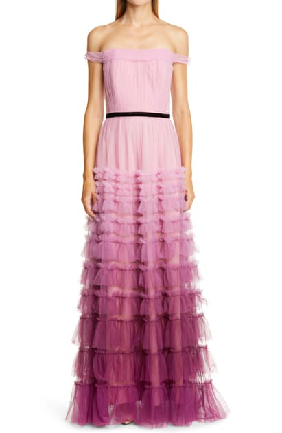 Marchesa Notte Off The Shoulder Ruffle Tulle Gown In Pink | ModeSens