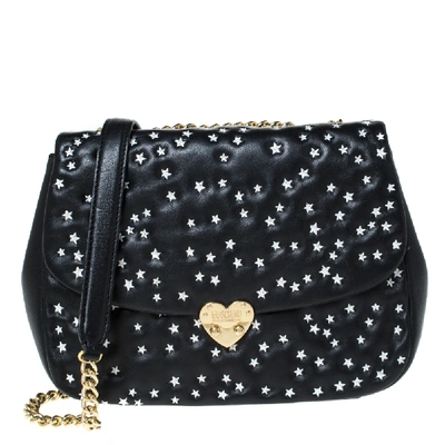 Pre-owned Moschino Black Star Embroidered Leather Flap Heart Lock Chain Bag