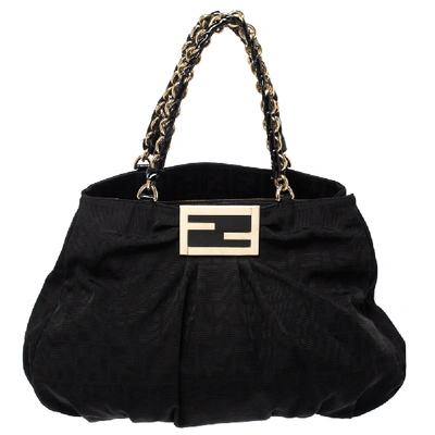 Pre-owned Fendi Black Canvas And Patent Leather Large Mia Shoulder Bag