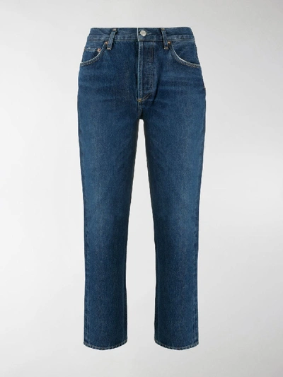 Shop Agolde Riley Mid-rise Cropped Jeans In Blue