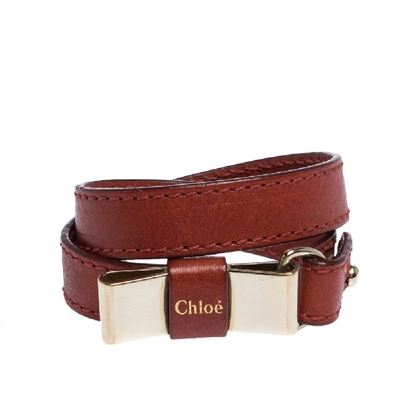 Pre-owned Chloé Leather Bow Motif Gold Tone Double Wrap Bracelet In Red