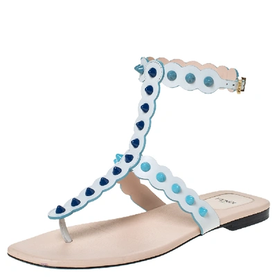 Pre-owned Fendi White Leather Studded Thong Flat Sandals Size 39