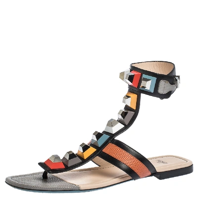 Pre-owned Fendi Multicolor Lizard Embossed Leather Studded Ankle Cuff Flat Sandals Size 38.5