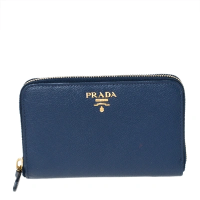Pre-owned Prada Blue Saffiano Lux Leather Zip Around Wallet