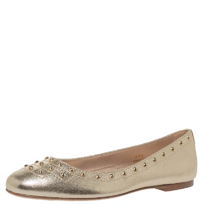 Pre-owned Tod's Metallic Gold Leather Studded Ballet Flats Size 37.5
