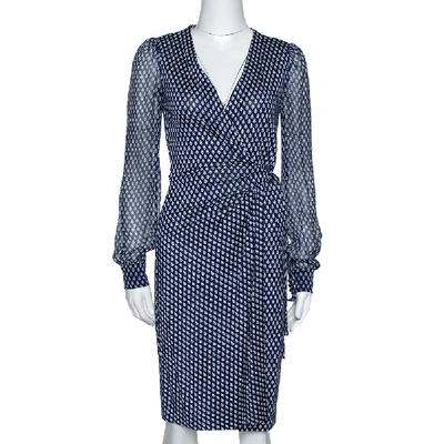 Pre-owned Diane Von Furstenberg Navy Blue Printed Silk Sigourney Two Wrap Dress S