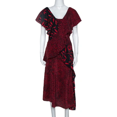 Pre-owned Diane Von Furstenberg Red Printed Silk Cross Over Ruffle Detail Midi Dress S