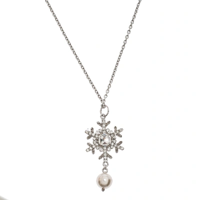 Pre-owned Miu Miu Snow Flake Crystal Embellished Drop Faux Pearl Silver Pendant Necklace.