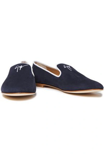 Shop Giuseppe Zanotti Dalila Embroidered Suede Loafers In Navy