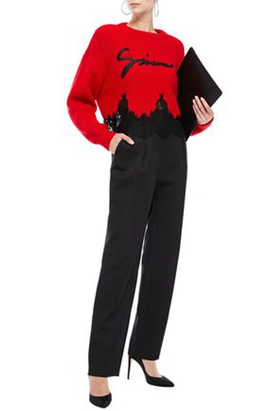 Shop Givenchy Lace-paneled Appliquéd Ribbed-knit Sweater In Red