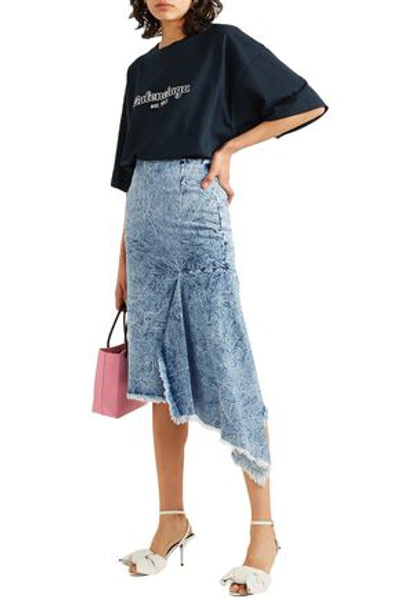 Shop Balenciaga Asymmetric Frayed Acid-wash Denim Skirt In Light Denim