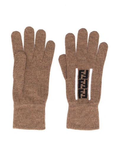 Shop Fendi Logo-print Gloves In Brown