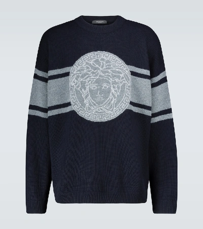 Shop Versace Knitted Wool Intarsia Sweater In Black