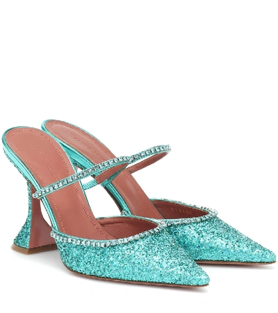 Shop Amina Muaddi Gilda Embellished Glitter Mules In Blue