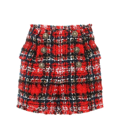 Shop Balmain Checked Tweed Shorts In Red