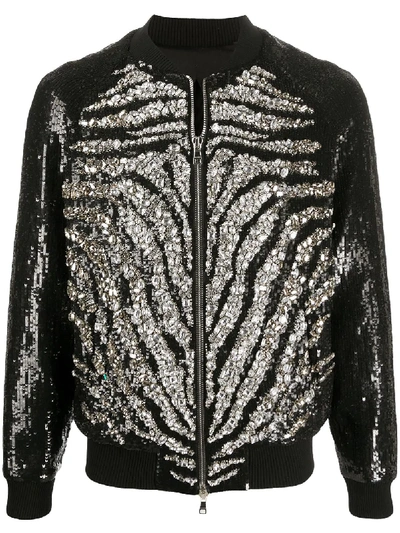 Shop Balmain Embellished-zebra Bomber Jacket In Black