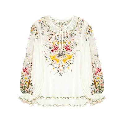 Shop Zimmermann Carnaby Embroidered Ramie Blouse In Ivory