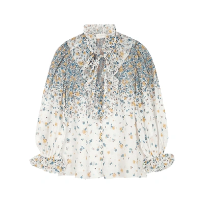 Shop Zimmermann Carnaby Floral-print Ramie Blouse In Ivory