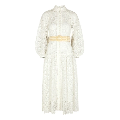 Shop Zimmermann Empire White Belted Guipure Lace Midi Dress In Ivory