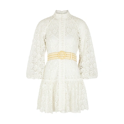 Shop Zimmermann Empire Belted Guipure Lace Mini Dress In Ivory