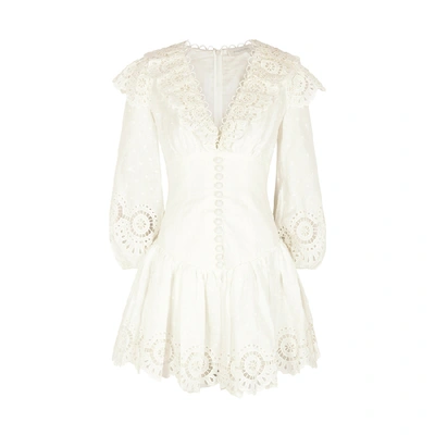 Shop Zimmermann Bellitude White Embroidered Linen Mini Dress In Ivory