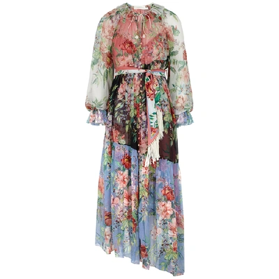 Shop Zimmermann Bellitude Spliced Floral-print Silk Midi Dress In Multicoloured
