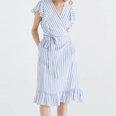 Shop Paisie Brighton Striped Wrap Dress In Blue & White