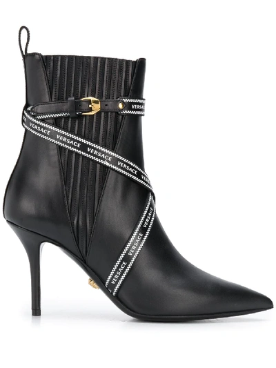 Shop Versace Pointed Leather Boot Heels In Black