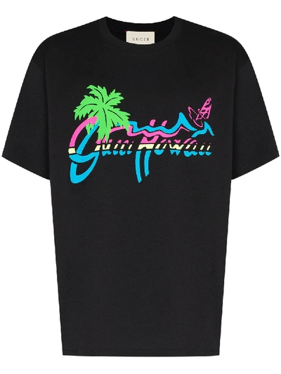 Shop Gucci Hawaii Logo-print T-shirt In Black